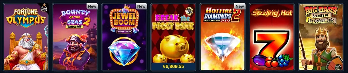 Casino lobby row of slot game tiles showing Fortune of Olympus, Bounty of the Seas 2, Jewel Boom (new), Break the Piggy Bank with a €6,869.55 jackpot, Hotfire Diamonds 2 (new), Sizzling Hot, and Big Bass Secrets of the Golden Lake.