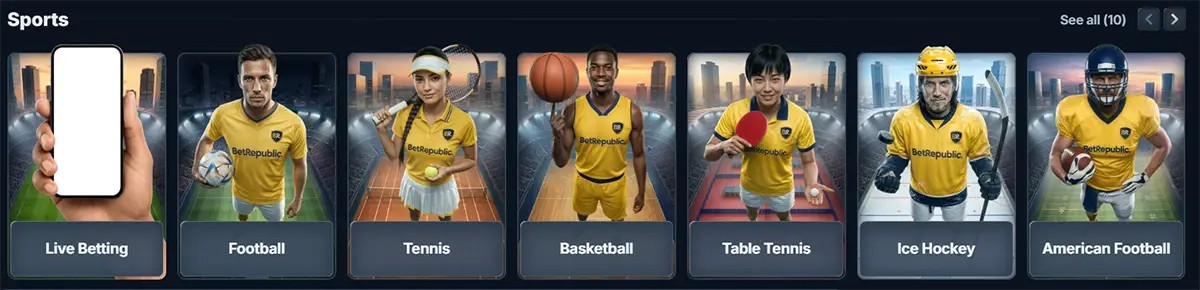 Sports carousel on the BetRepublic site showing category tiles for Live Betting, Football, Tennis, Basketball, Table Tennis, Ice Hockey, and American Football, each with an athlete in a yellow jersey, plus “See all (10)” navigation.