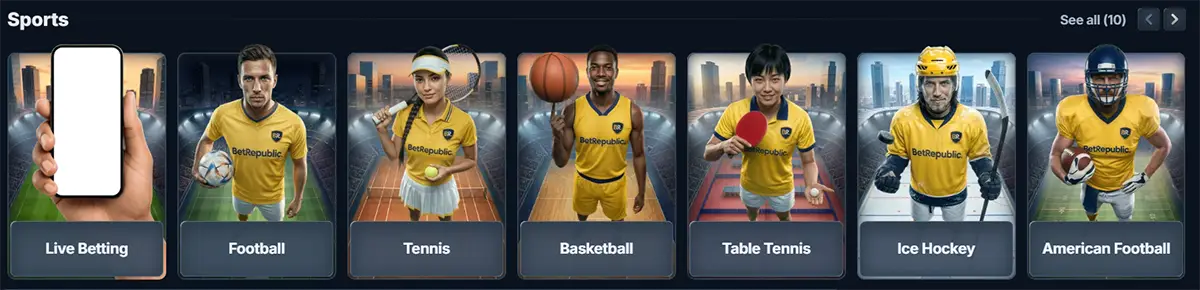 Sports carousel on the BetRepublic site showing category tiles for Live Betting, Football, Tennis, Basketball, Table Tennis, Ice Hockey, and American Football, each with an athlete in a yellow jersey, plus “See all (10)” navigation.
